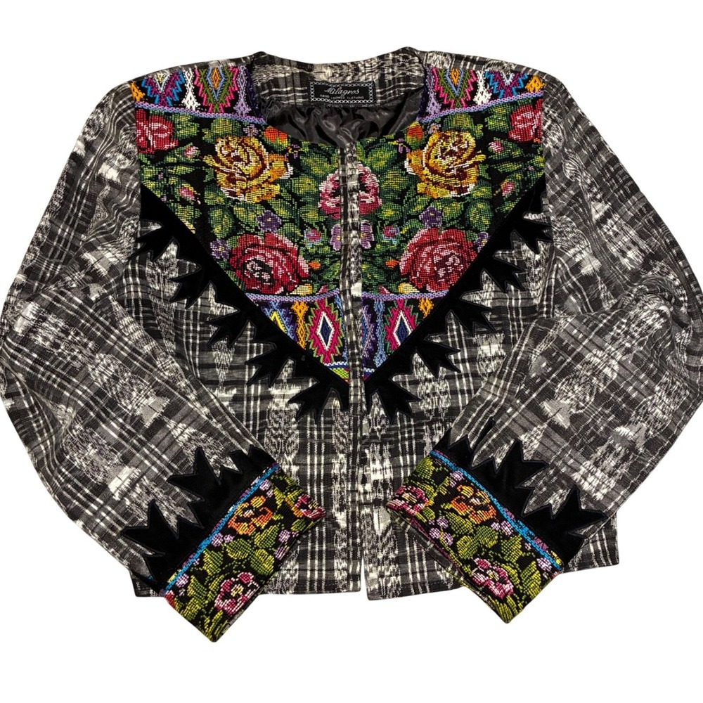 Milagros Hand Loomed Cropped‎ Jacket Woven Floral Folk Artisan Blazer Size M